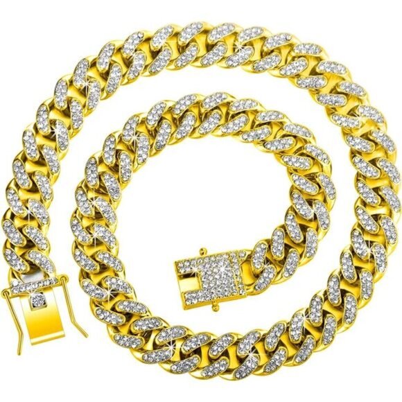 Gold 2 Pieces Cuban Link Chain for Women Cuban Necklace Bracelet Heavy Bling - Picture 4 of 6